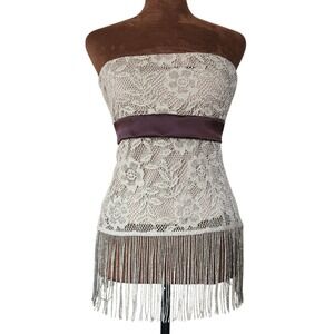 Vintage Y2K Tube Top Lace Fringe Gold Brown Floral Size M Tie Back Lined